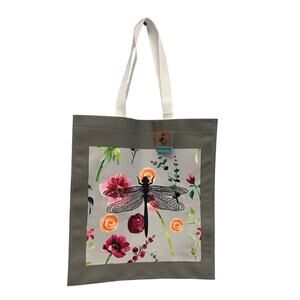 New Upcycled Hand Printed Floral Dragonfly Hello Beautiful Shopper Tote Bag